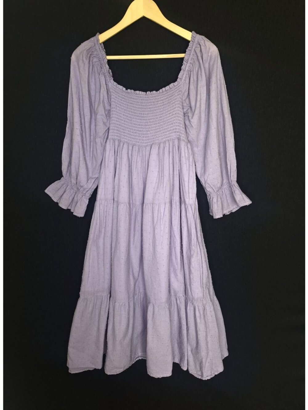 💙 R. Vivimo Lavender Swiss Dot Smocked Tiered Size XL Midi Dress Boho Cottageco